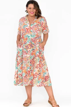 Cotton Dresses<Orientique Giza Orange Abstract Organic Cotton Collared Dress