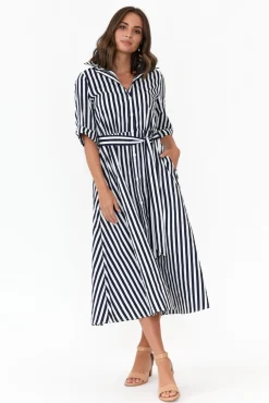 Cotton Dresses<Slate the Label Grace Navy Stripe Cotton Poplin Dress