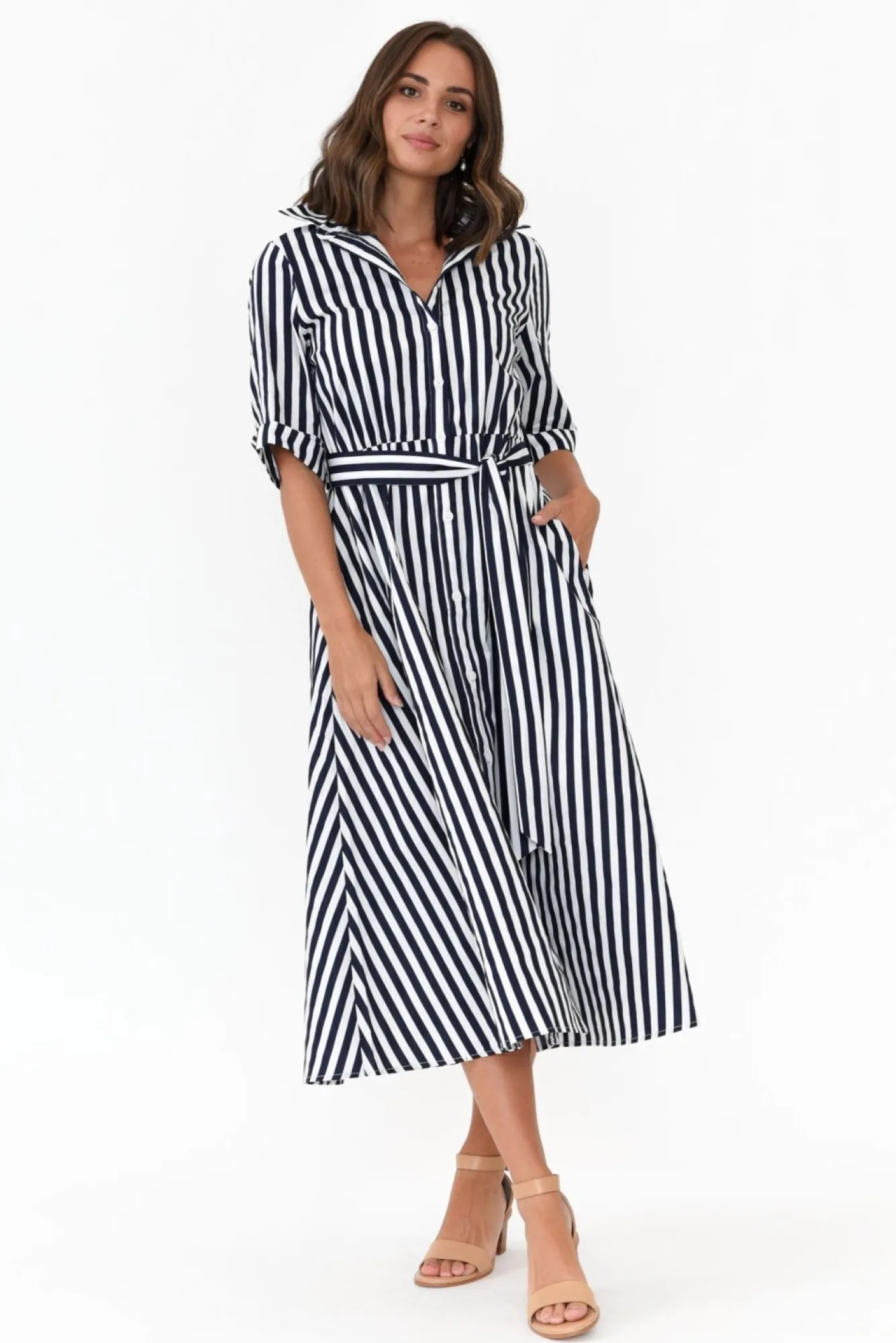 Cotton Dresses<Slate the Label Grace Navy Stripe Cotton Poplin Dress