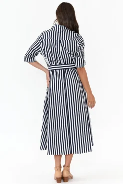 Cotton Dresses<Slate the Label Grace Navy Stripe Cotton Poplin Dress
