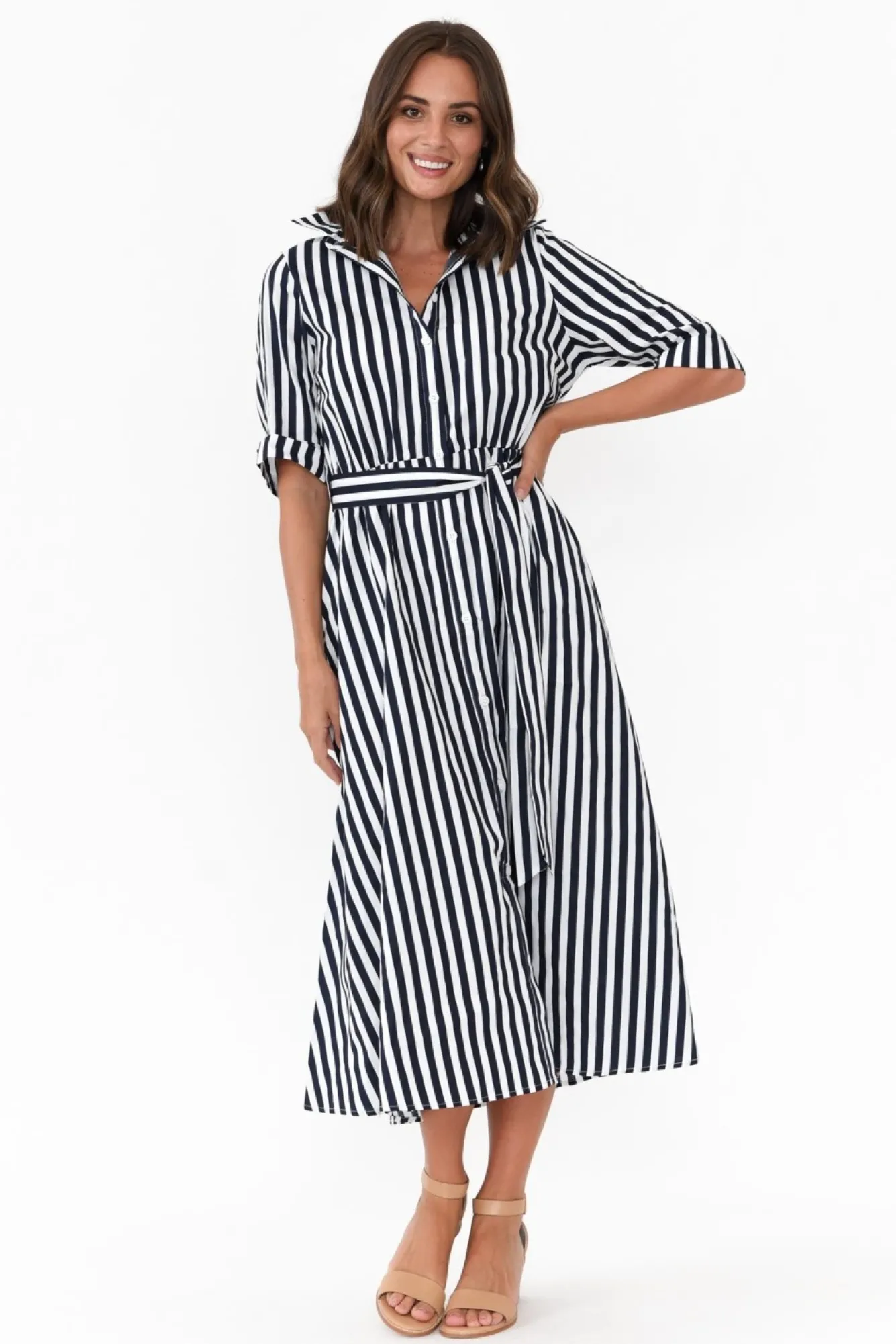 Cotton Dresses<Slate the Label Grace Navy Stripe Cotton Poplin Dress