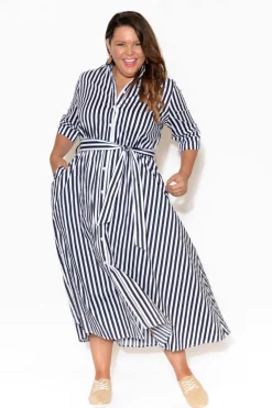 Cotton Dresses<Slate the Label Grace Navy Stripe Cotton Poplin Dress