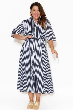 Cotton Dresses<Slate the Label Grace Navy Stripe Cotton Poplin Dress