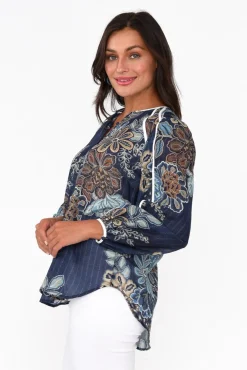 Cotton Tops<Once Was Gracia Navy Flower Cotton Silk Top