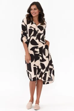 Below Knee Dresses<New U Collection Graham Black Abstract Shirt Dress