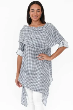 Linen Tops<Donna Donna Grande Navy Gingham Linen Tunic
