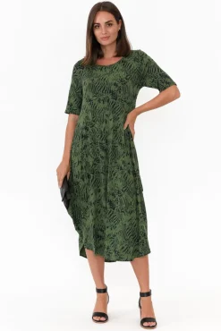 Midi Dresses<Tani Green Tiger Micro Modal Tri Drape Dress
