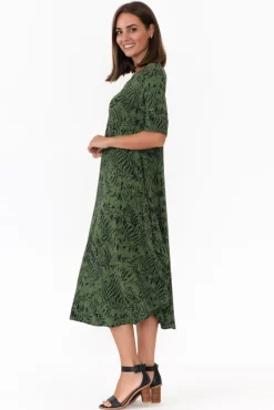 Midi Dresses<Tani Green Tiger Micro Modal Tri Drape Dress