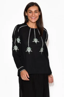 Cotton Tops<Once Was Grove Black Embroidered Bishop Sleeve Top