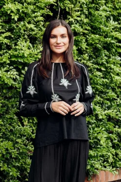 Cotton Tops<Once Was Grove Black Embroidered Bishop Sleeve Top