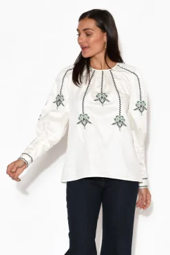 Cotton Tops<Once Was Grove White Embroidered Bishop Sleeve Top