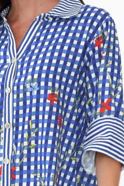 Linen Tops<La Strada Gwendoline Blue Gingham Garden Linen Shirt