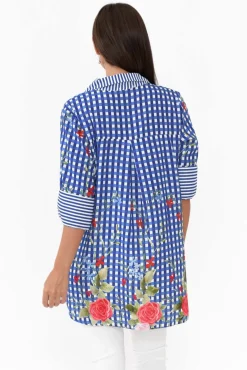 Linen Tops<La Strada Gwendoline Blue Gingham Garden Linen Shirt