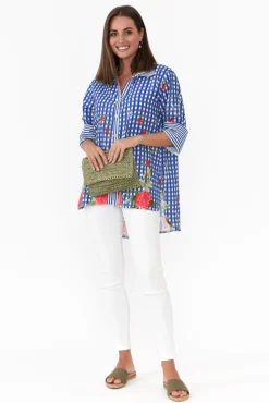 Linen Tops<La Strada Gwendoline Blue Gingham Garden Linen Shirt