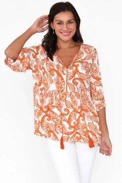 Sleeved Tops<Sanctum Gwendolyn Orange Paisley Tassel Top