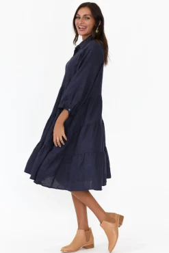 Linen Dresses<Worthier Hadley Navy Linen Tiered Dress