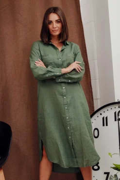 Linen Dresses<Worthier Halston Green Linen Relaxed Shirt Dress