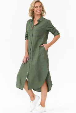 Linen Dresses<Worthier Halston Green Linen Relaxed Shirt Dress