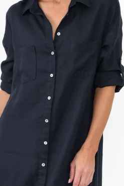 Linen Dresses<Worthier Halston Navy Linen Relaxed Shirt Dress