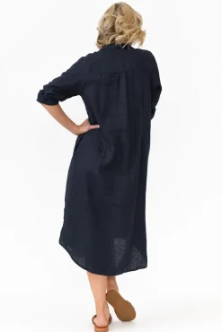 Linen Dresses<Worthier Halston Navy Linen Relaxed Shirt Dress