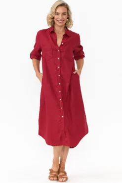 Linen Dresses<Worthier Halston Red Linen Relaxed Shirt Dress
