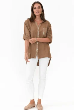Linen Tops<La Strada Hamish Chocolate Linen Sequin Pocket Shirt