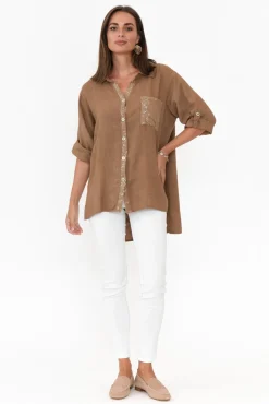 Linen Tops<La Strada Hamish Chocolate Linen Sequin Pocket Shirt