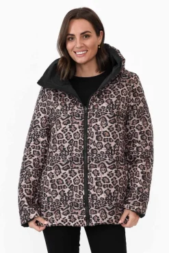 Jackets<Hammock u0026 Vine Hansel Brown Leopard Reversible Puffer Jacket