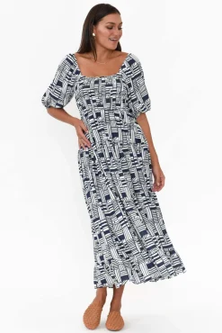 Midi Dresses<Silver Wishes Hansen Navy Geo Shirred Dress