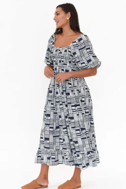 Midi Dresses<Silver Wishes Hansen Navy Geo Shirred Dress