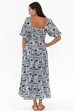 Midi Dresses<Silver Wishes Hansen Navy Geo Shirred Dress