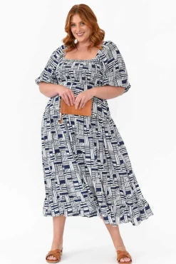 Midi Dresses<Silver Wishes Hansen Navy Geo Shirred Dress