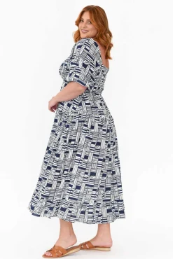 Midi Dresses<Silver Wishes Hansen Navy Geo Shirred Dress