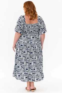 Midi Dresses<Silver Wishes Hansen Navy Geo Shirred Dress