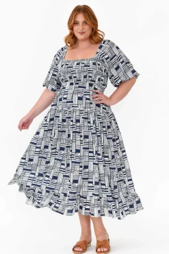 Midi Dresses<Silver Wishes Hansen Navy Geo Shirred Dress