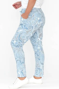 Pants<Rosa Sera Hartley Blue Floral Crinkle Pant
