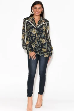 Shirts<Once Was Haven Navy Garden Bishop Sleeve Shirt