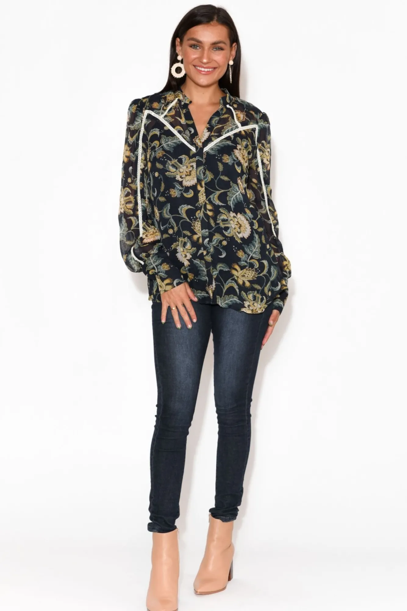 Shirts<Once Was Haven Navy Garden Bishop Sleeve Shirt