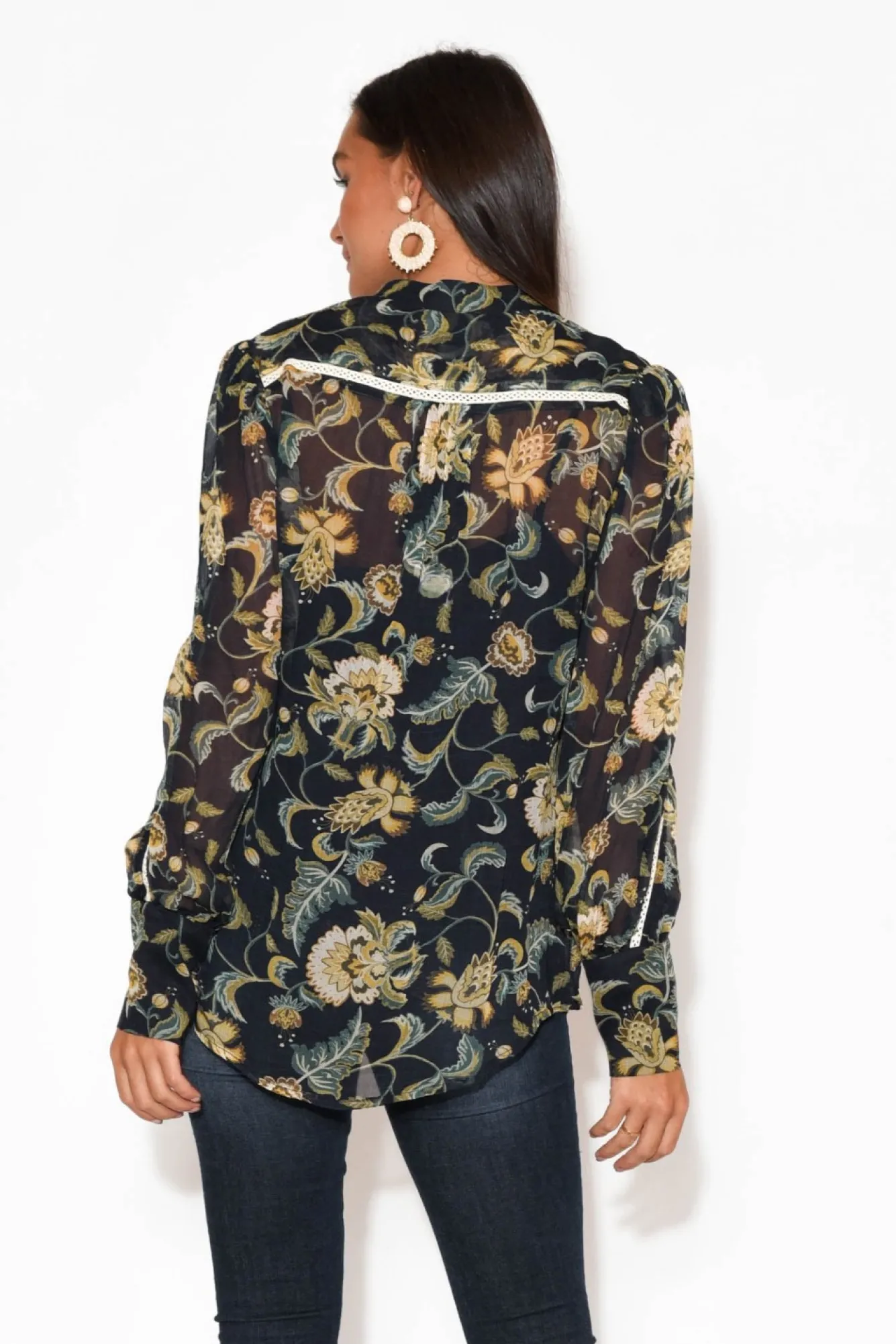 Shirts<Once Was Haven Navy Garden Bishop Sleeve Shirt