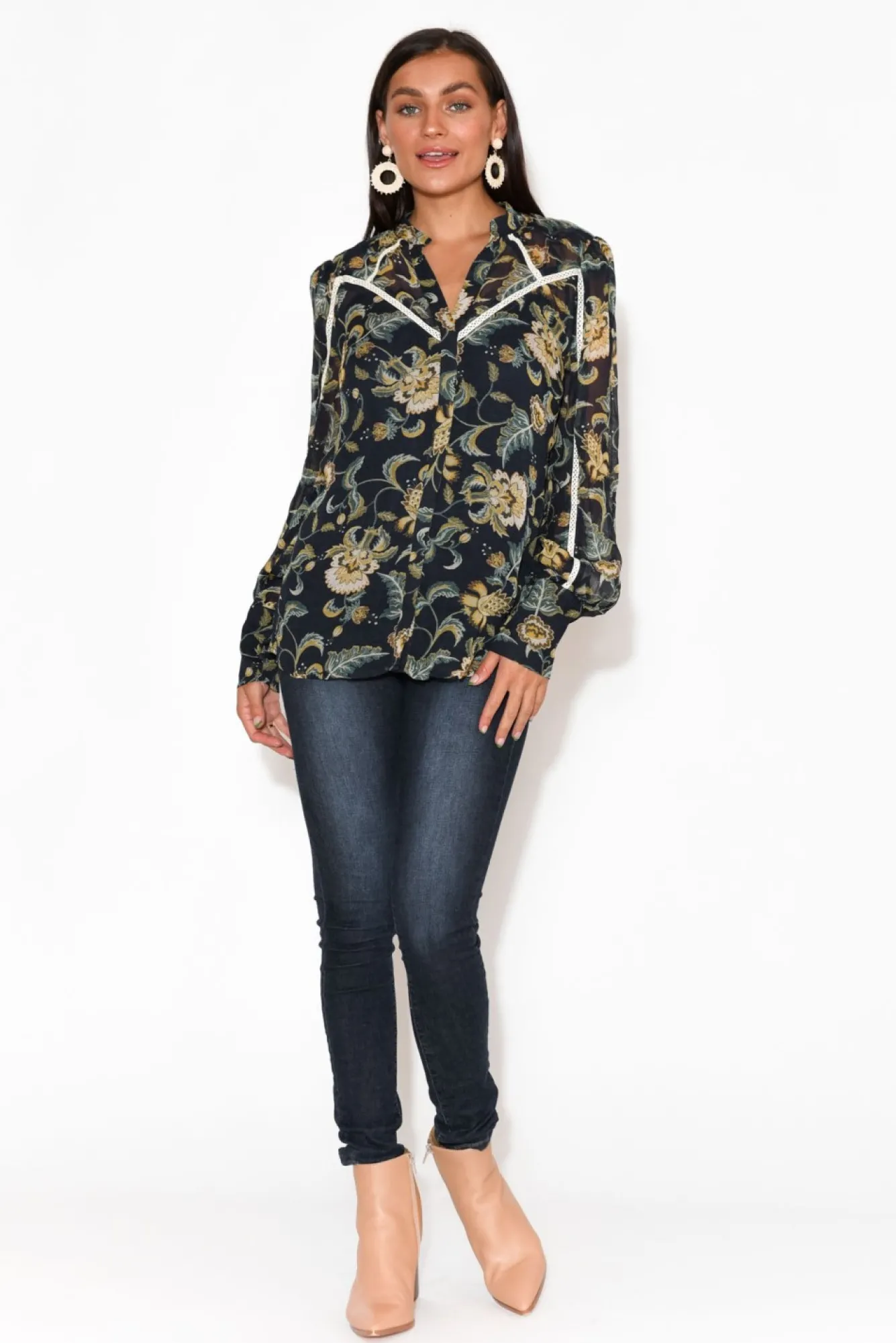 Shirts<Once Was Haven Navy Garden Bishop Sleeve Shirt