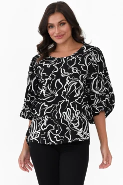 Sleeved Tops<New U Collection Heath Black Abstract Puff Sleeve Top