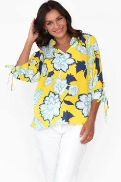 Linen Tops<La Strada Hebe Yellow Floral Linen Blend Top