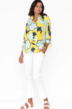 Linen Tops<La Strada Hebe Yellow Floral Linen Blend Top