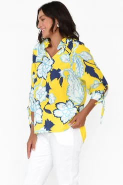 Linen Tops<La Strada Hebe Yellow Floral Linen Blend Top