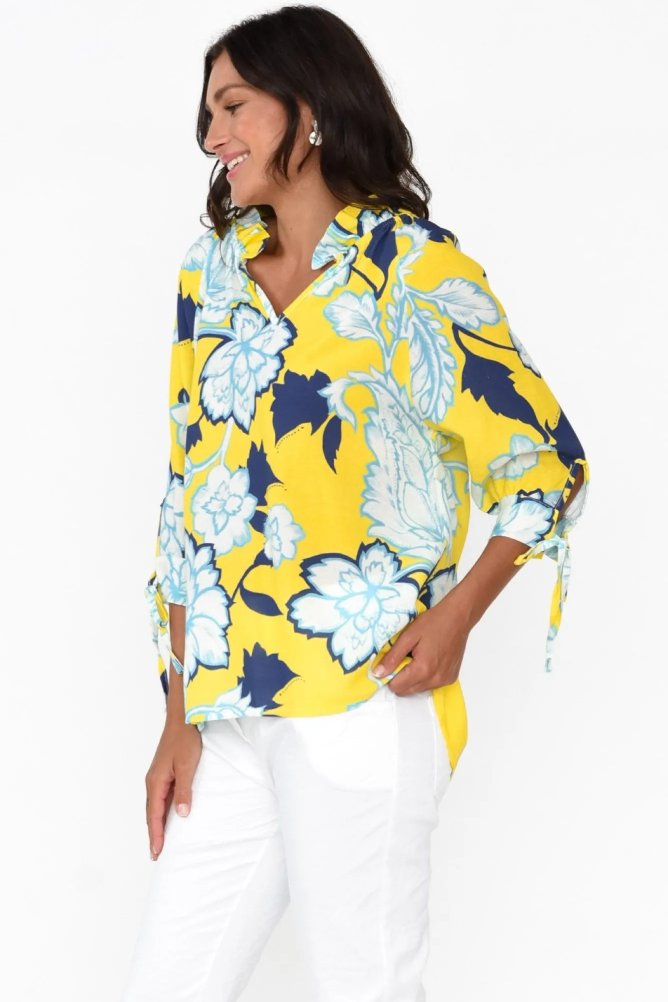 Linen Tops<La Strada Hebe Yellow Floral Linen Blend Top