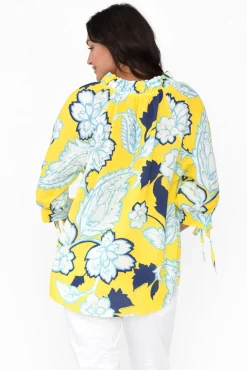Linen Tops<La Strada Hebe Yellow Floral Linen Blend Top