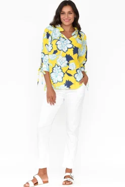 Linen Tops<La Strada Hebe Yellow Floral Linen Blend Top