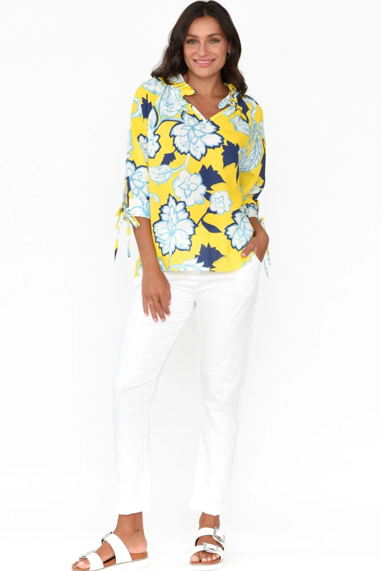 Linen Tops<La Strada Hebe Yellow Floral Linen Blend Top