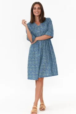 Cotton Dresses<Mozaic Heron Blue Floral Cotton Dress