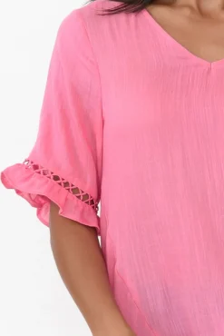 Linen Tops<Willow Tree Hewitt Pink V Neck Ruffle Top